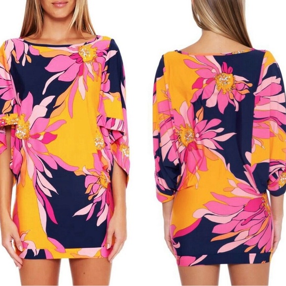 Trina Turk | Vibrant Floral Swim Cover-Up Pink Orange Blue | M - Picture 1 of 4